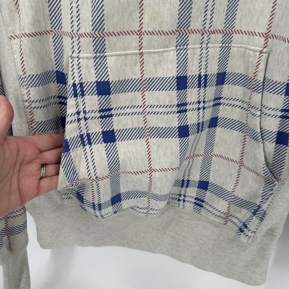 Champion Hoodie Mens Small Reverse Weave Gray Blue Plaid Pullover Comfy - Picture 7 of 9
